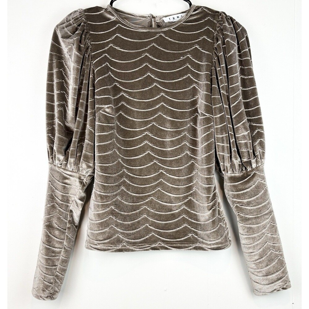 Anthropologie THML Wave Textured Velvet Beige Brown Structured Blouse, XS